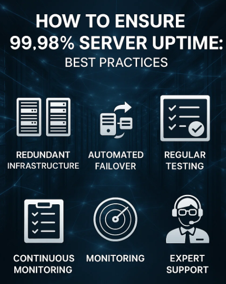 RackBank infographic on best practices to ensure 99.98% server uptime, featuring icons for redundant infrastructure, automated failover, regular testing, continuous monitoring, and expert support with a modern data center background
