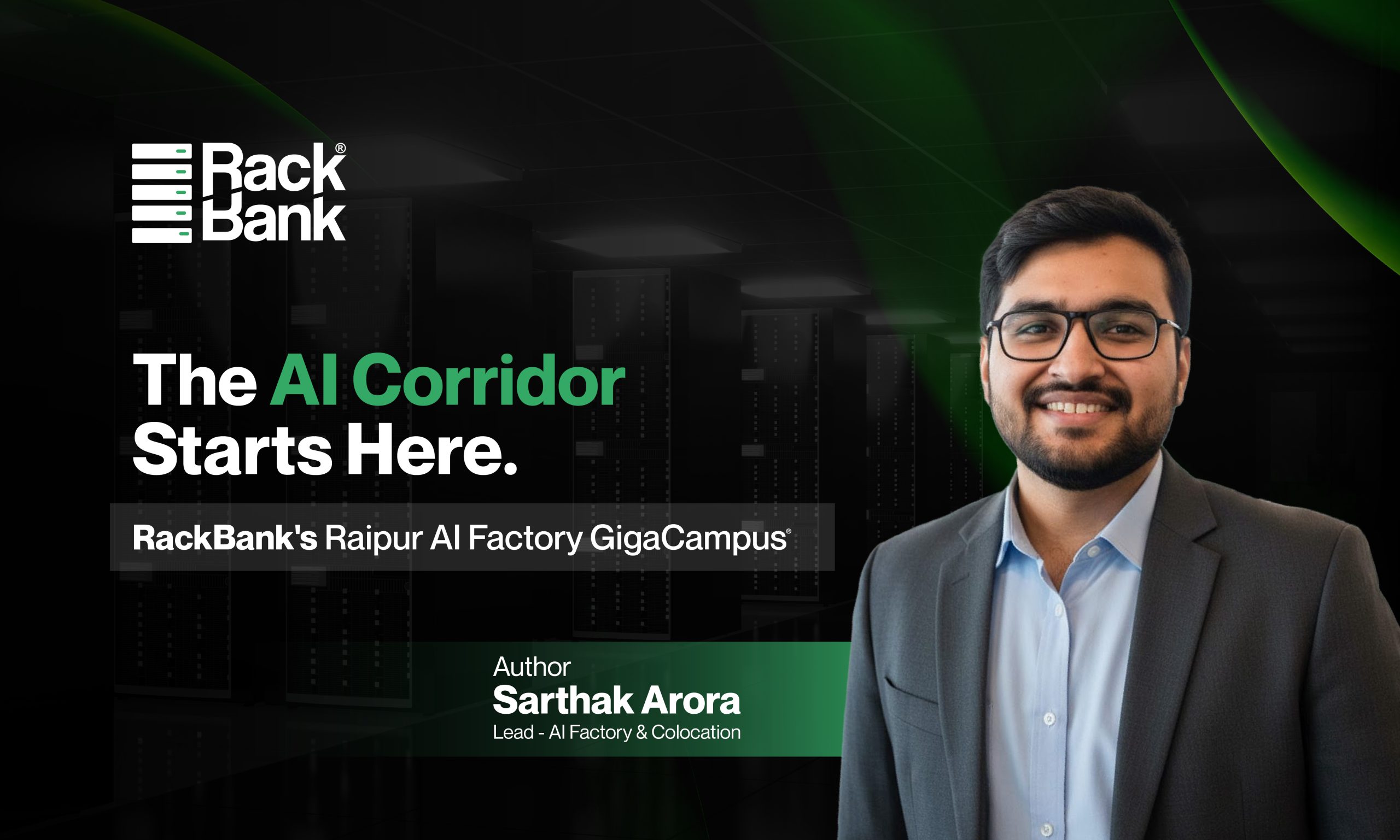 Aerial concept of RackBank’s Raipur AI GigaCampus showing core & shell halls, staged pod areas, high-density GPU halls, power corridors and carrier-neutral fiber rings.
