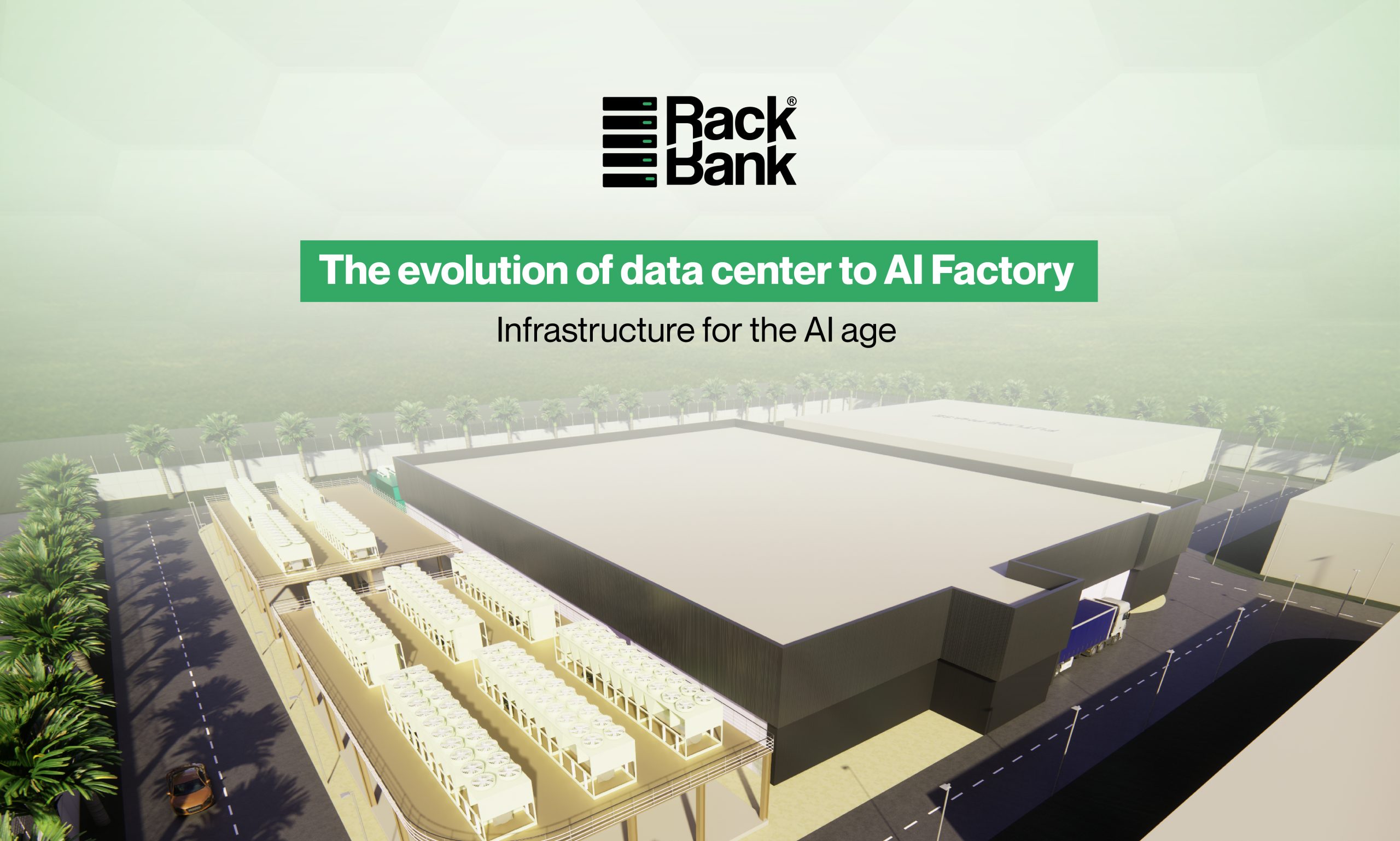 Aerial view of the AI Factory campus showing core & shell buildings, high-density rack halls and site infrastructure prepared for high-density AI workloads.