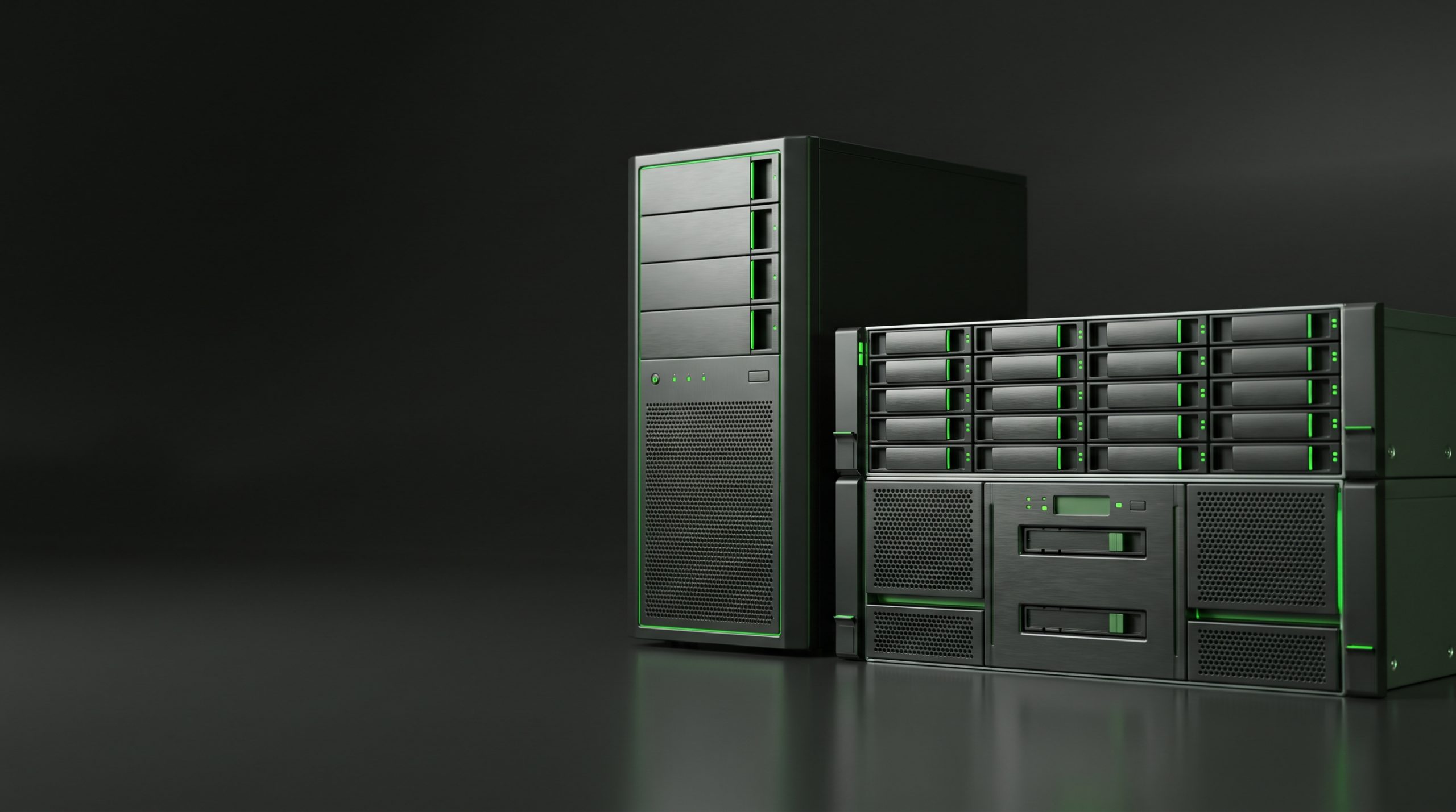 Generic backup storage array and log server stack in a rack, lit with green accent light on a dark background