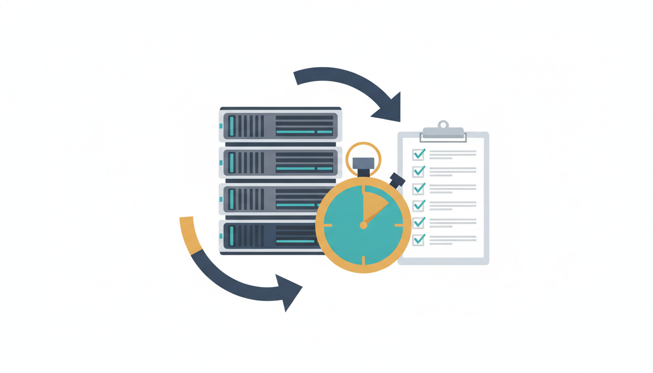 Illustration of a managed server with a stopwatch, a checklist and a rollback arrow, representing a timed emergency patch window