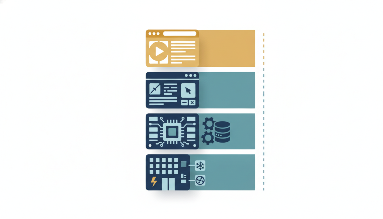 Five stacked layers of a managed server from facility to application, showing which layers the provider and the customer patch