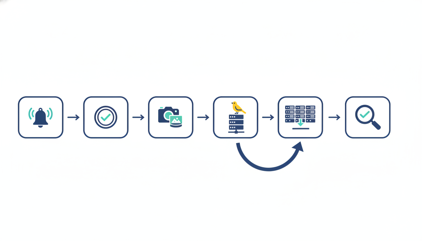 Flow of an emergency change window: alert, pre-approved change, snapshot, test, rollout, verification, rollback