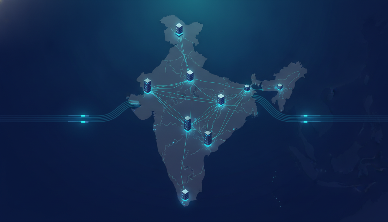 Stylised map of India with glowing data centre nodes linked by fibre and undersea cables