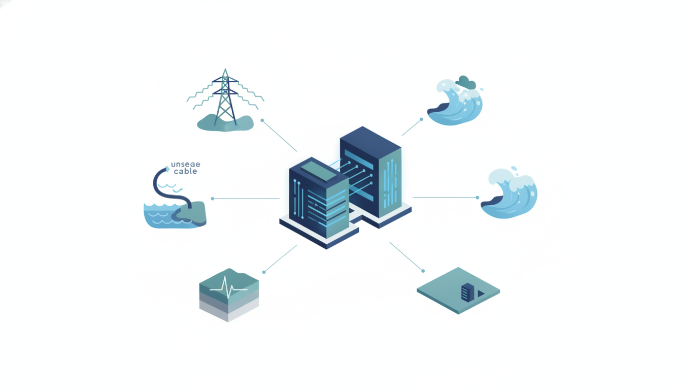Concept diagram of the factors that shape a colocation market: cable landings, power, site hazard and latency