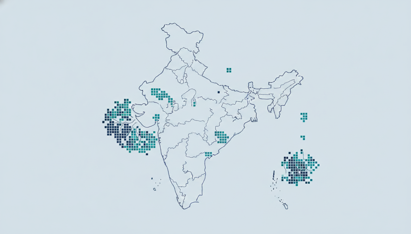 Stylised map of India showing the main colocation markets on the west coast, east coast, north and interior
