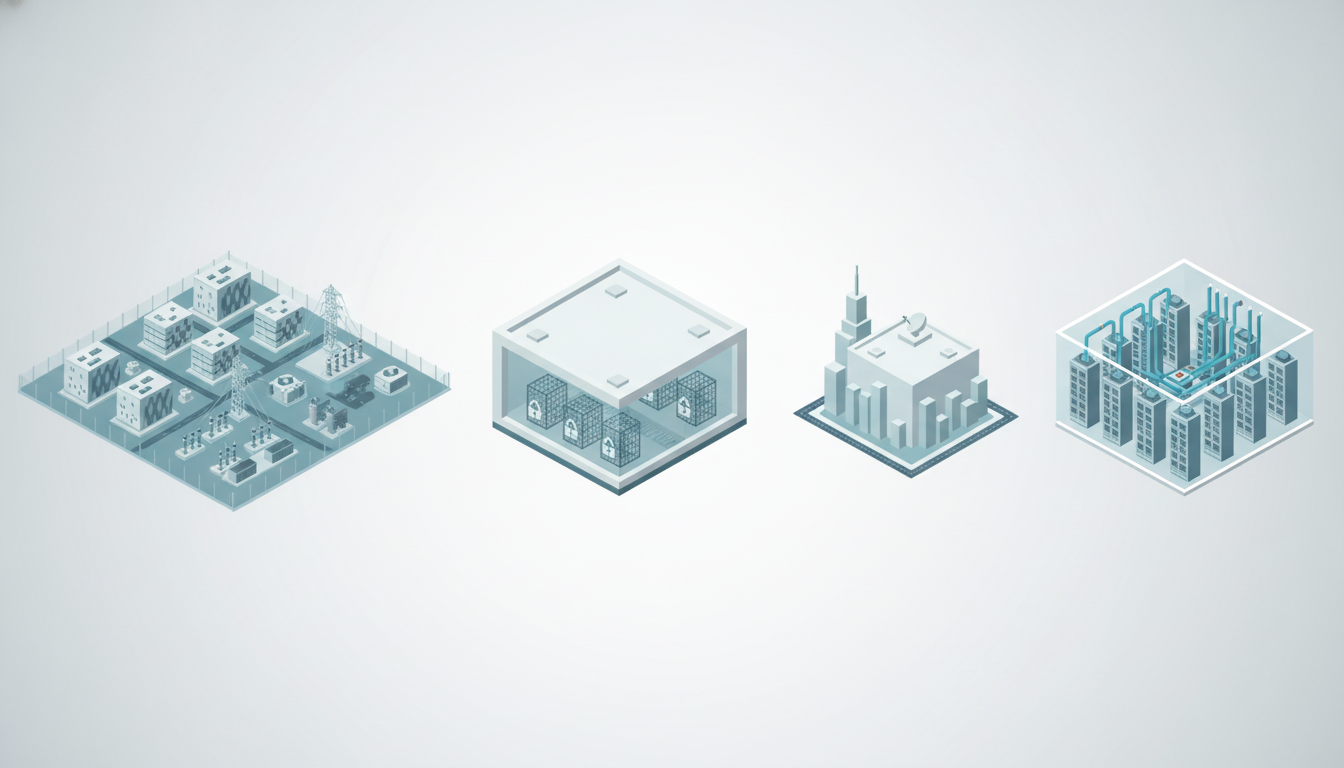 Concept illustration comparing four colocation provider types: hyperscale campus, enterprise retail, edge and high-density AI facility